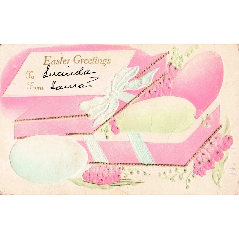 Easter Postcard 1910 Embossed Pink Gift Box Spring Flowers Egg Antique
